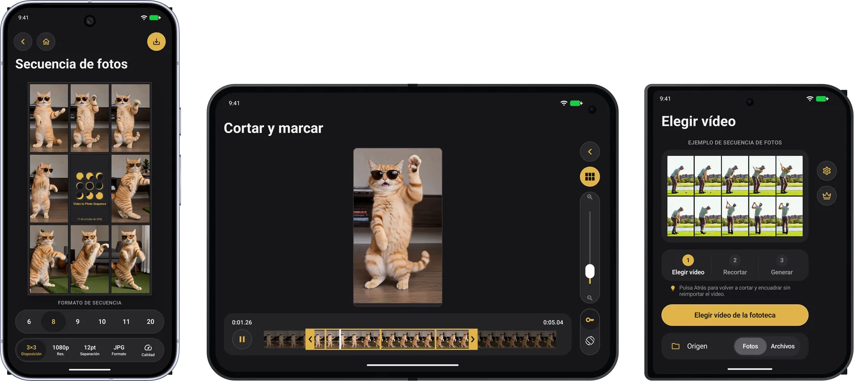 Google Pixel 10 Pro con ocho fotogramas de un gato alrededor de un recuadro con el título, Xiaomi 18 Fold desplegado con el gato y tres fotogramas clave en el editor de recorte y claves, y Xiaomi 18 Fold plegado con una secuencia de swing de golf en «Seleccionar video», en la pantalla exterior
