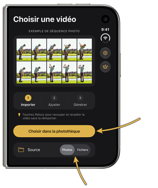 Écran « Choisir une vidéo » sur un iPhone Duo plié, avec des flèches dorées vers « Choisir dans la photothèque » et le sélecteur entre « Photos » et « Fichiers »