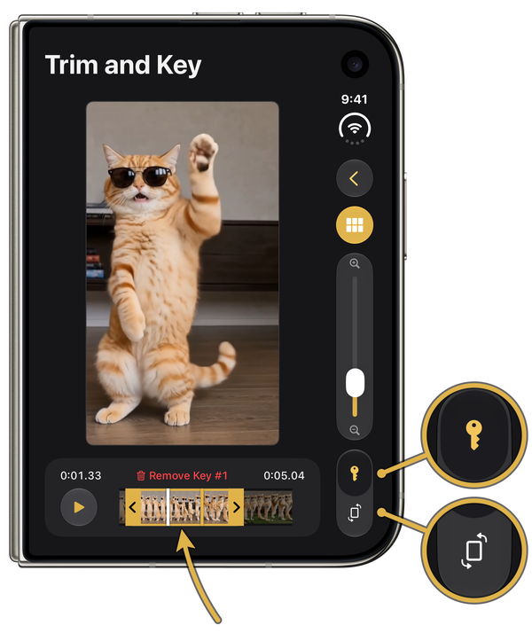 Trim and Key on a Closed iPhone Duo, Showing a Cat With a Raised Paw, the Trim Range Marked, and Key Frame and Aspect Buttons Magnified