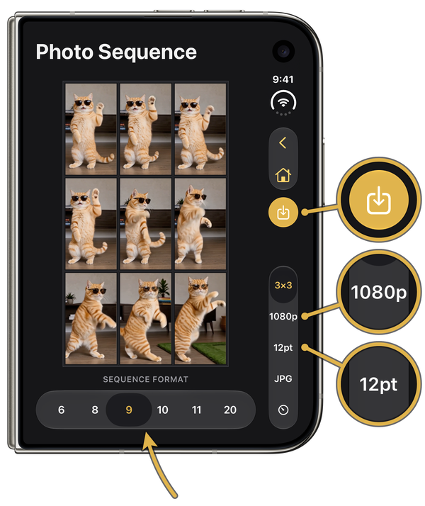 Nine Cat Frames on a Closed iPhone Duo, With 9 Selected and Magnified Views of 1080p Resolution, 12pt Border Width, and Save