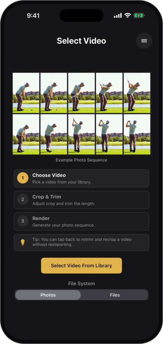 The Select Video screen on iPhone.