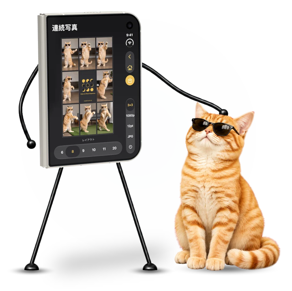棒状の手足が付いた閉じたiPhone Duoがサングラスをかけた茶トラ猫をなで、画面にはその猫が踊る姿を写したフレームが並ぶ様子