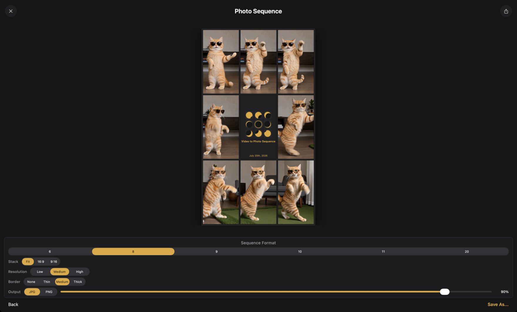 A rendered photo sequence in the app window on Mac.
