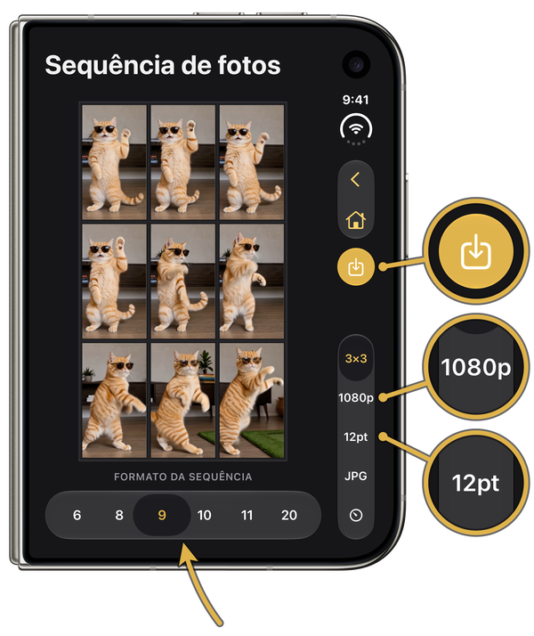 Nove quadros de um gato em um iPhone Duo fechado, com “9” selecionado e ampliações dos ajustes “Resolução” (1080p), “Borda” (12pt) e do botão “Salvar no Fotos”
