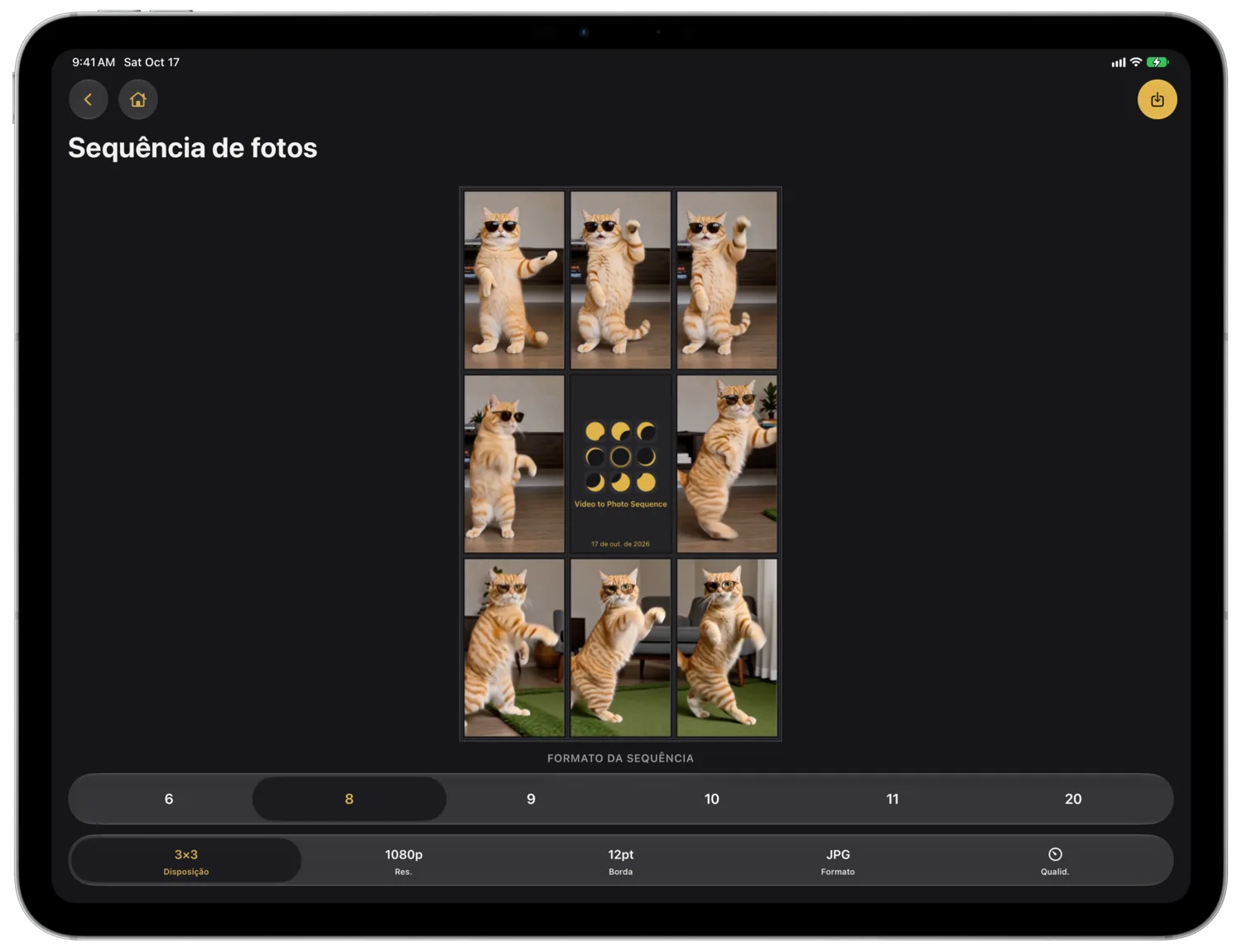 Oito quadros de um gato ao redor de um cartão de título, acima do seletor de número de quadros e da barra de opções em um iPad Pro na horizontal