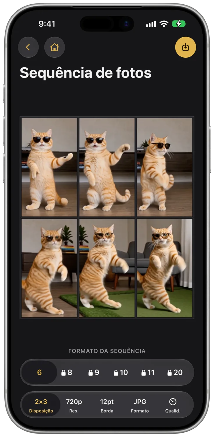 O seletor de formato da sequência no iPhone.